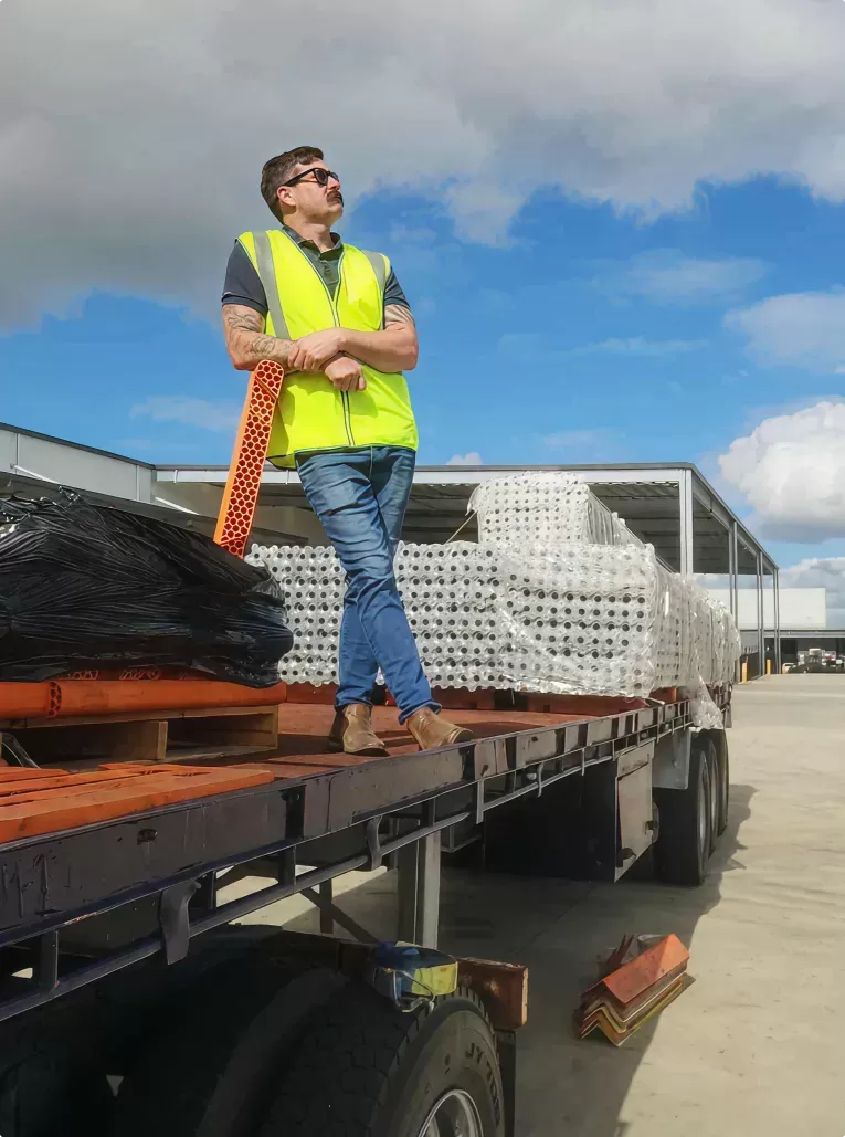A man in a yellow safety vest stands on a flatbed trailer loaded with goods, under a partly cloudy sky in an industrial yard.